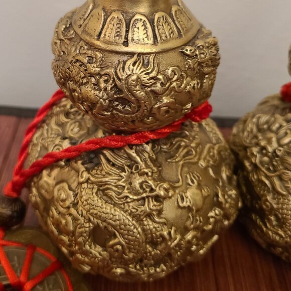 TWO Feng Shui Heavy Brass Hollow Gourds with Coins to Attract Wealth - Picture 3 of 14